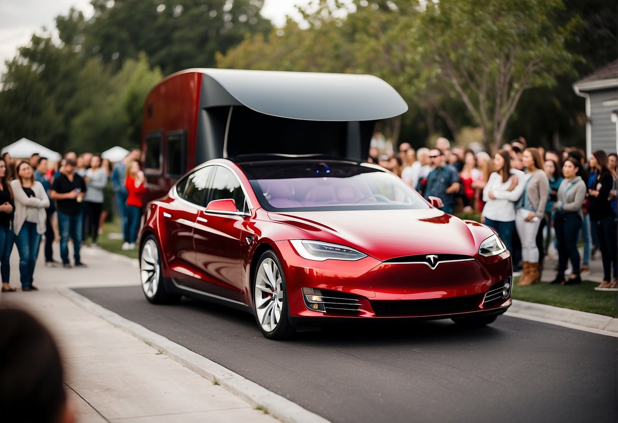 The Tesla tiny house is surrounded by a crowd of people, each eagerly asking when it will be available. The house is sleek and modern, with solar panels on the roof and a Tesla car parked nearby