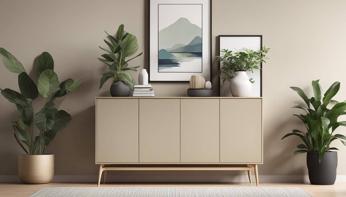 A sleek sideboard cabinet in a modern living room, with clean lines and ample storage space. The cabinet is placed against a neutral-colored wall, with decorative items and plants on top