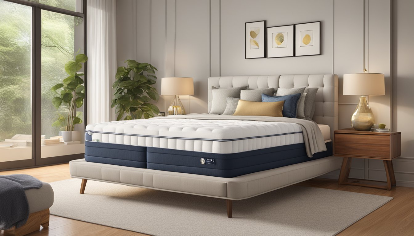 A queen mattress sits in a cozy bedroom, adorned with plush pillows and a soft duvet. The room is bathed in warm, natural light, creating a serene and inviting atmosphere