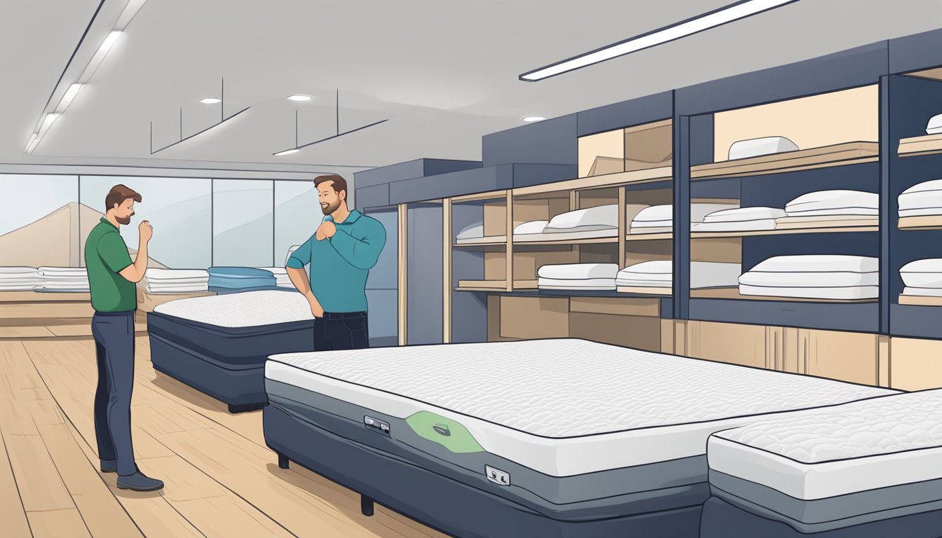 A customer carefully selects a single mattress in a showroom, comparing prices and features to ensure their purchase counts