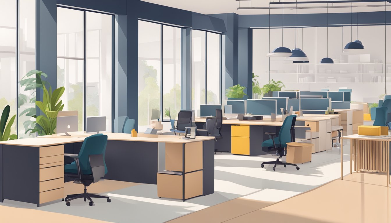 A person is choosing office furniture from a variety of options in a well-lit showroom. The furniture includes desks, chairs, and storage units in modern designs