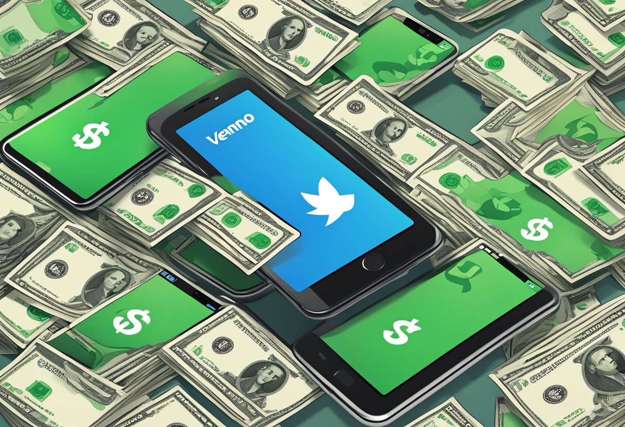 Two smartphones with Cash App and Venmo logos displayed, surrounded by floating dollar signs and payment icons