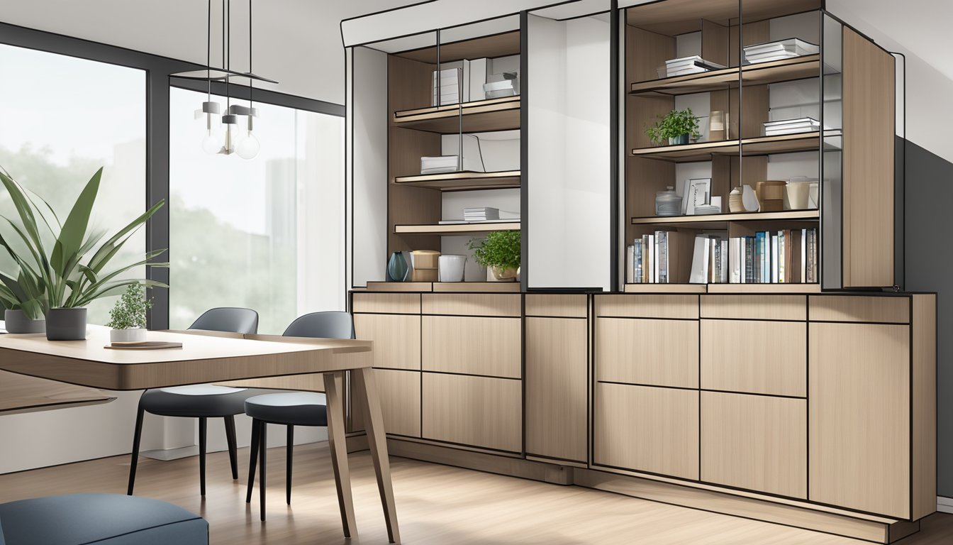 A sleek sideboard cabinet in a modern Singapore apartment, labeled "Frequently Asked Questions" with neatly organized compartments and shelves