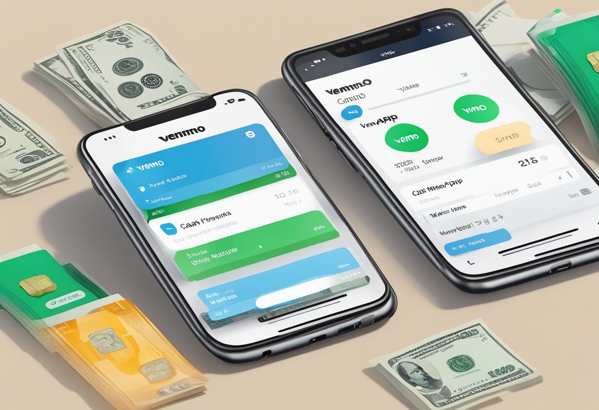 A smartphone displaying the Venmo app on one side and the Cash App on the other, with a comparison of their features and interface