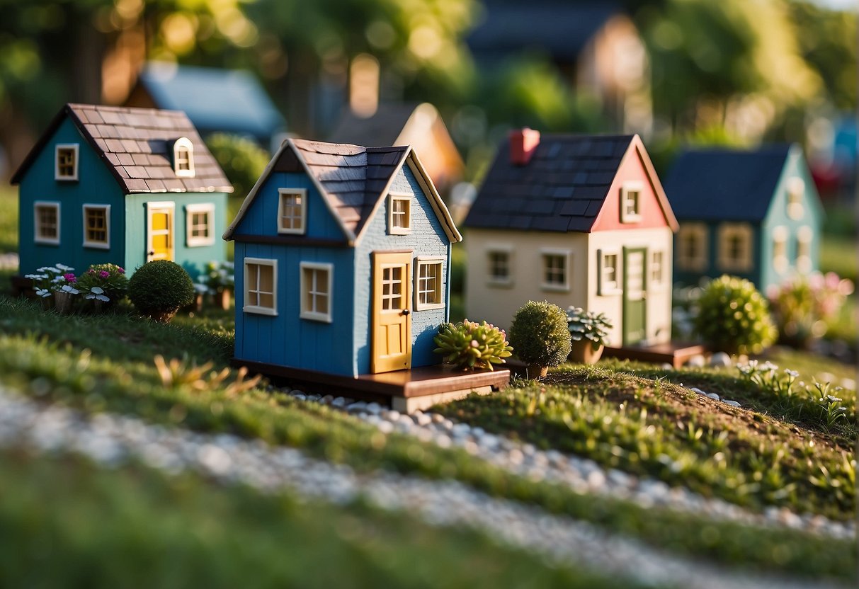 A row of tiny houses sits on a grassy field, surrounded by trees and a clear blue sky. The houses are quaint and colorful, with small gardens and front porches