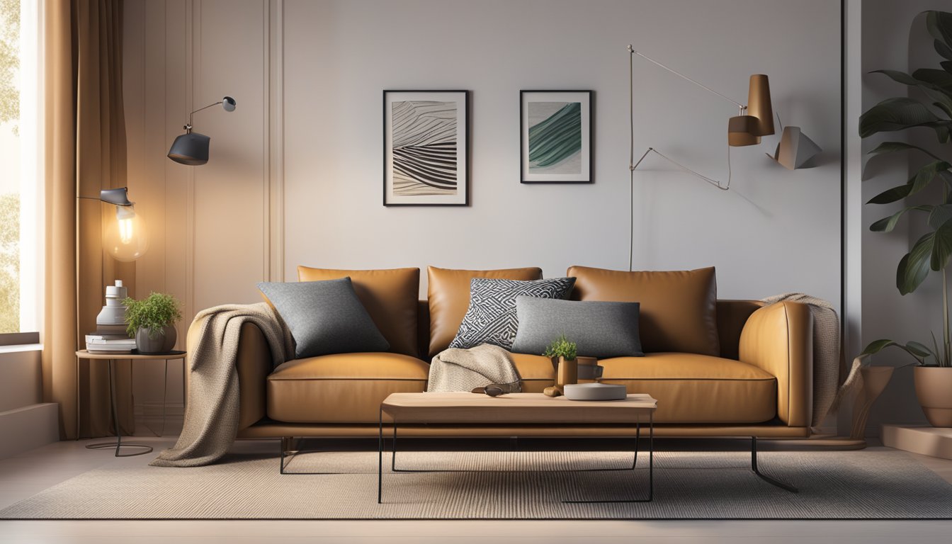 A 2-seater leather sofa in a modern living room, adorned with decorative throw pillows, a cozy blanket, and a stylish side table with a lamp