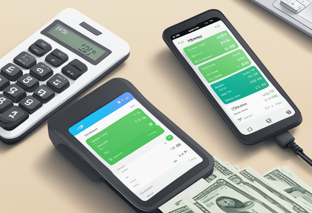 A table with two smartphones displaying the interfaces of Cash App and Venmo. A calculator and a list of fees and costs are spread out on the table