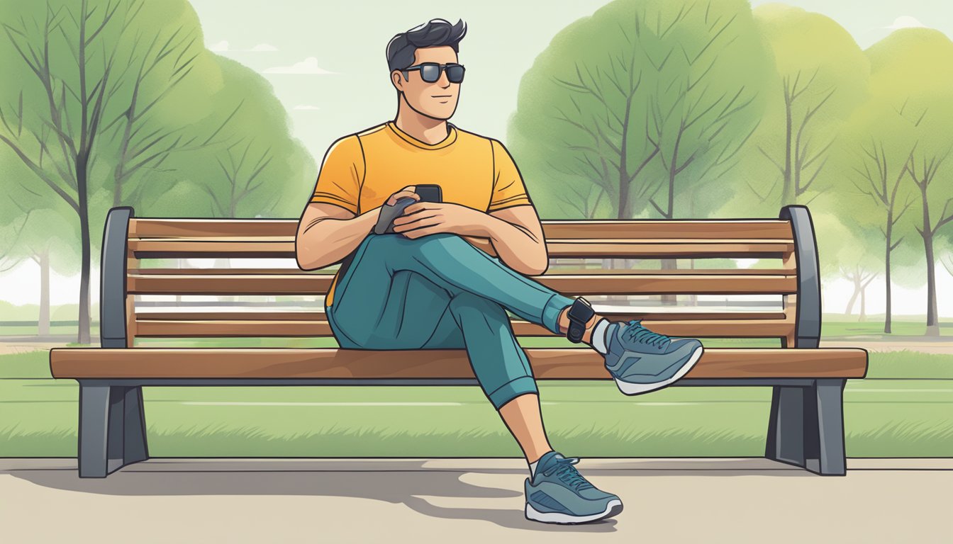 An adult male sitting on a park bench, wearing a fitness tracker, with a calm and steady heart rate displayed on the screen