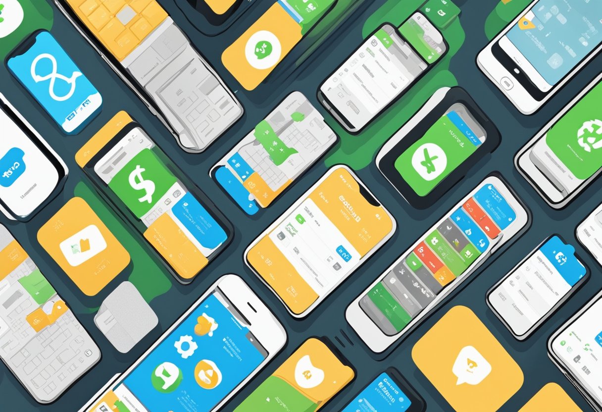 Two mobile phones with Cash App and Venmo logos, connected by a dotted line, surrounded by icons representing various services like banking, shopping, and bill payments