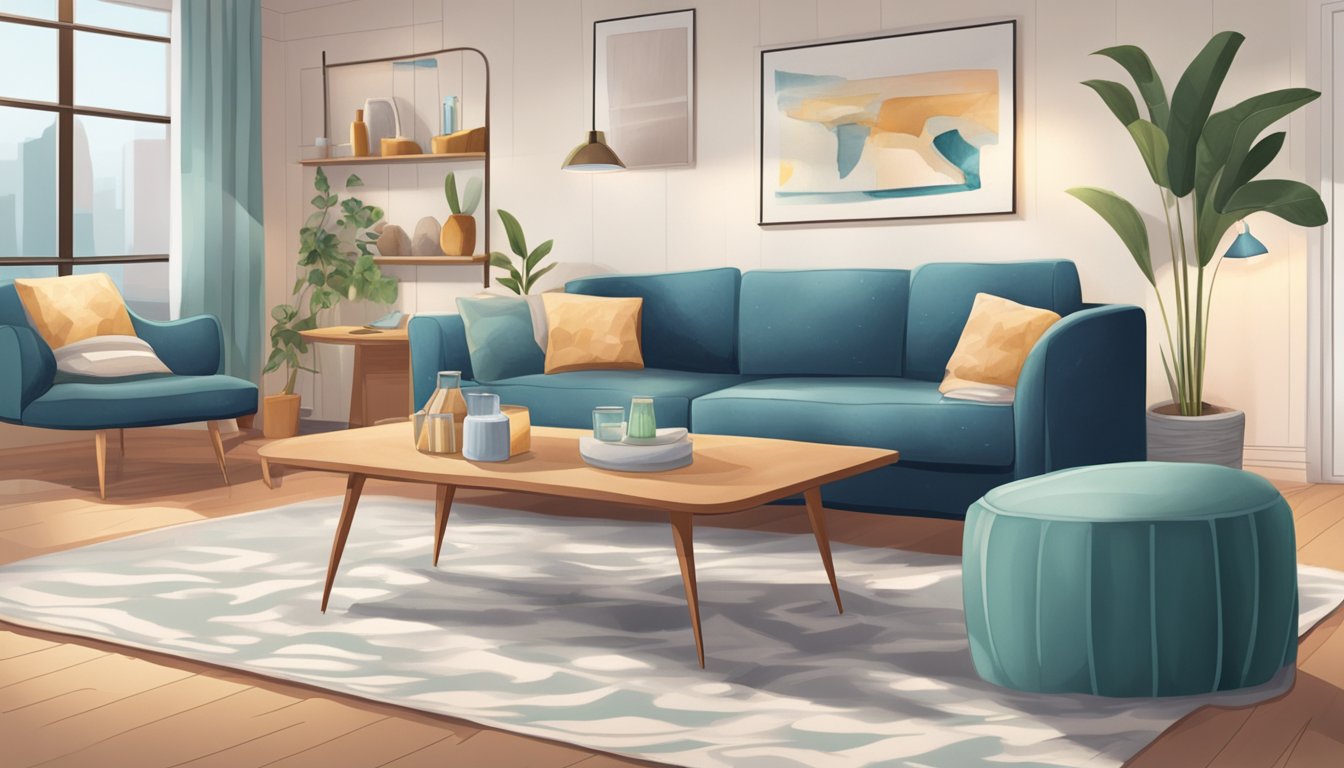 A fabric sofa sits in a living room, adorned with cozy throw pillows and a soft blanket. A spilled drink stain is being gently scrubbed away with a cleaning solution