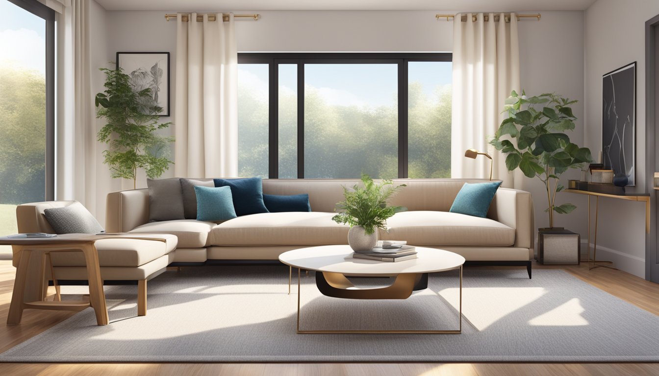 A modern living room with sleek furniture, a cozy sofa, and a stylish coffee table. The room is filled with natural light from large windows, and the walls are adorned with elegant artwork