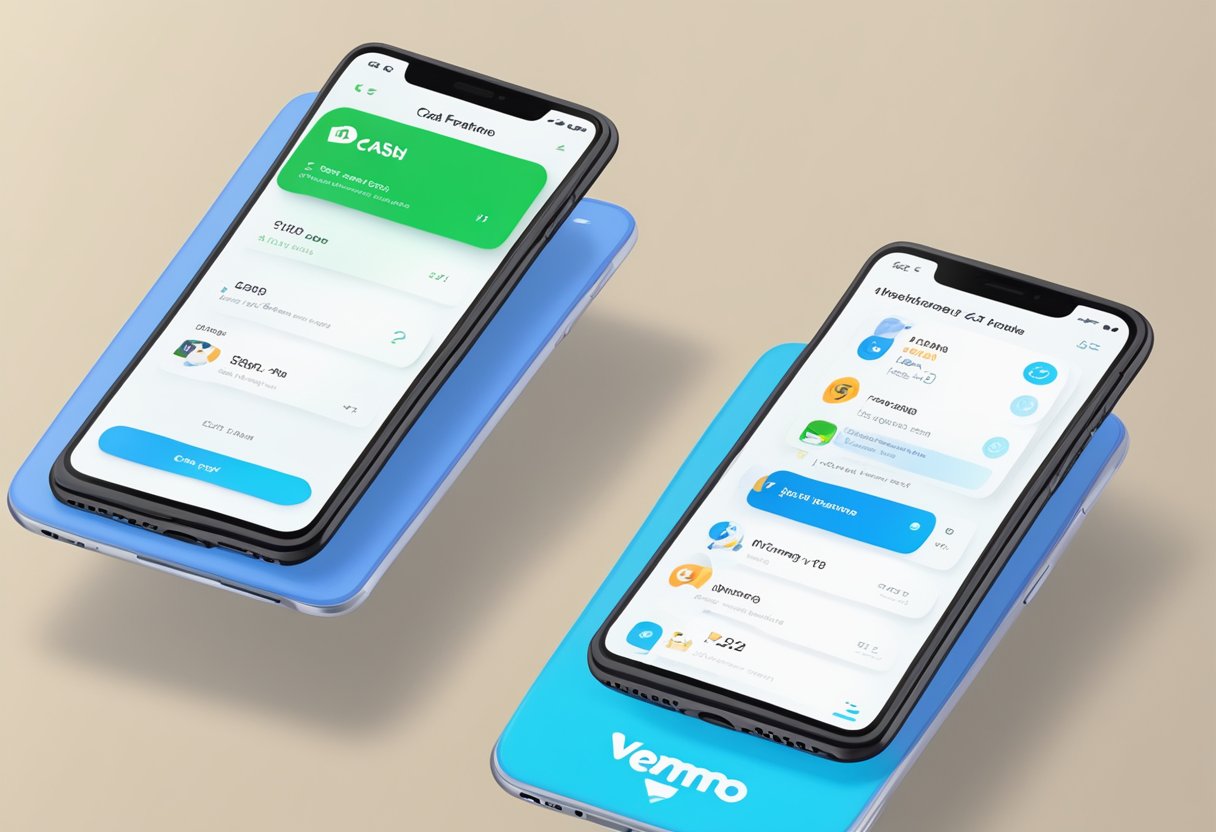 A split-screen comparison of Cash App and Venmo logos with a list of FAQs floating between them