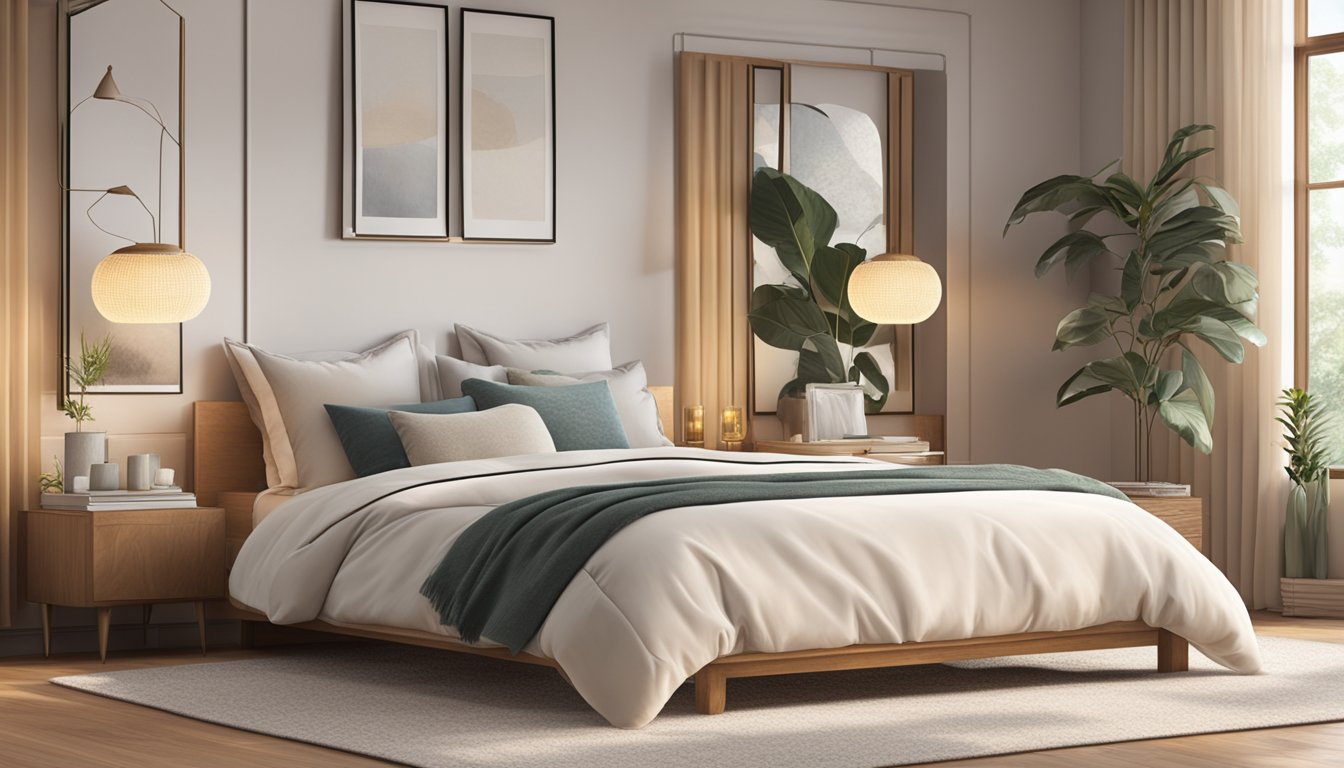 A serene bedroom with a luxurious queen mattress as the focal point, surrounded by soft, fluffy pillows and a cozy blanket. The room is bathed in warm, natural light, creating a peaceful and inviting atmosphere