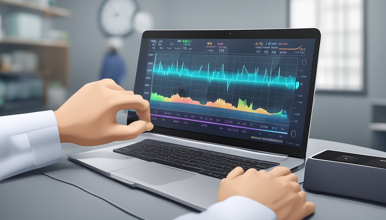 An adult male's heart rate is being monitored by a medical device