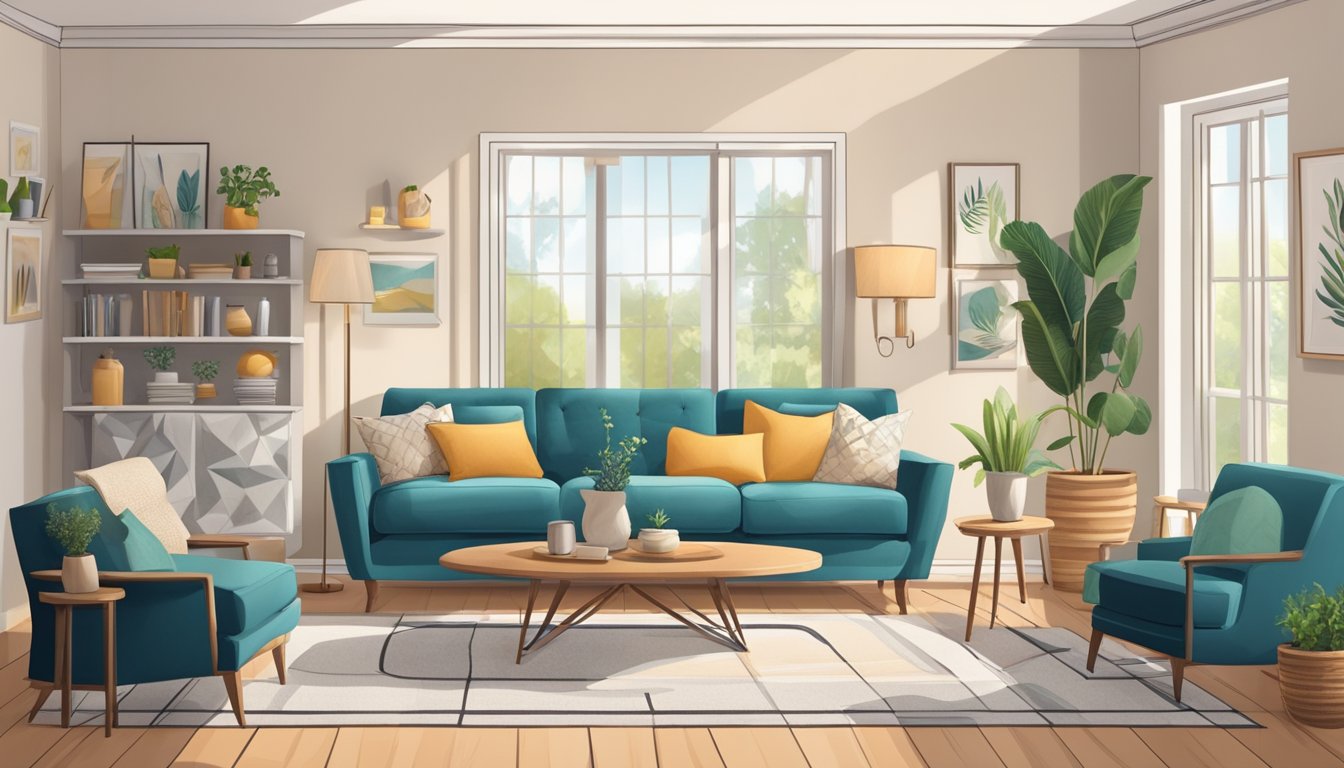 A cozy living room with a modern fabric sofa centered in the frame, surrounded by various home decor items