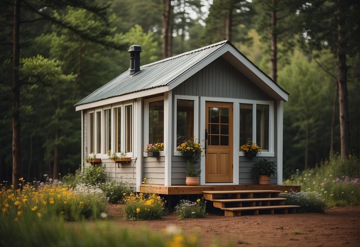 A tiny house sits nestled in a serene natural setting, surrounded by trees and wildflowers. Its compact size is emphasized by the vast open space around it