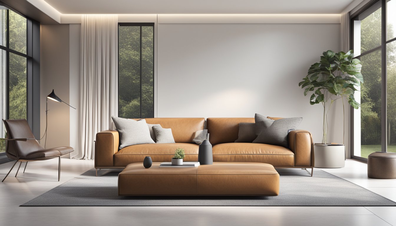 A sleek, modern 2-seater leather sofa in a spacious living room with natural light and minimalist decor