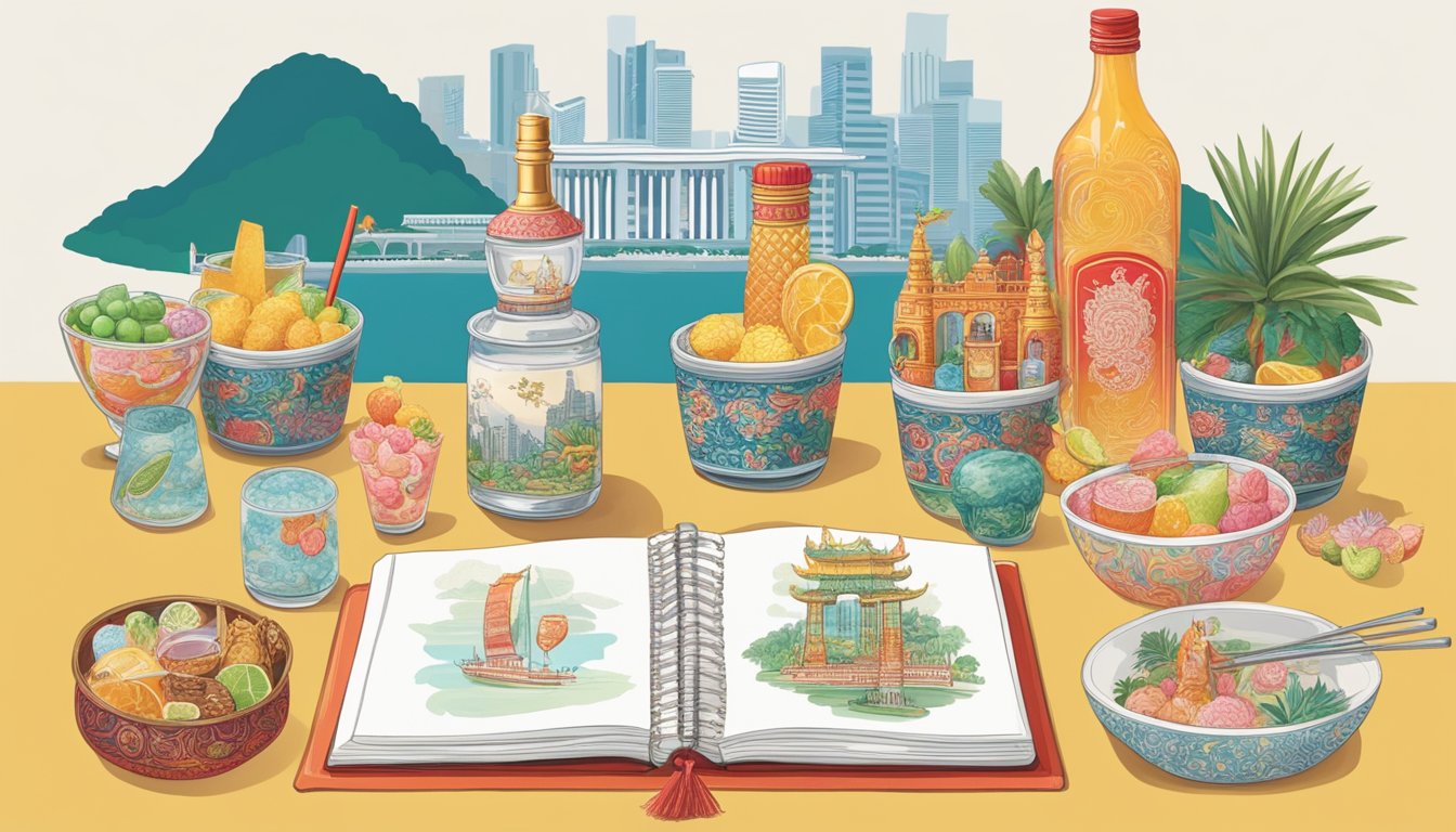 A table adorned with Singapore-themed corporate gifts, including miniature Merlion statues, Singapore sling cocktail kits, and Peranakan patterned notebooks