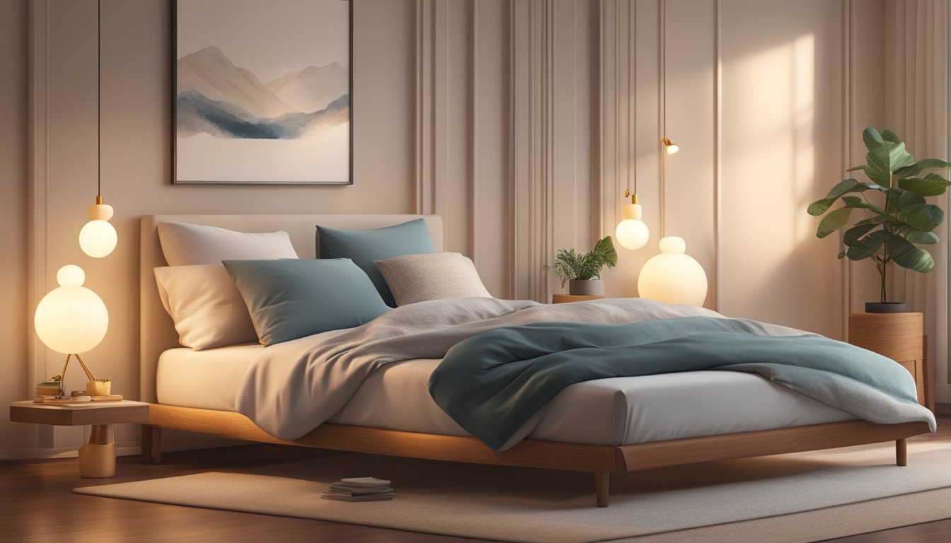 A person lying comfortably on a supportive super single mattress, surrounded by a serene and inviting bedroom setting, with soft lighting and cozy bedding