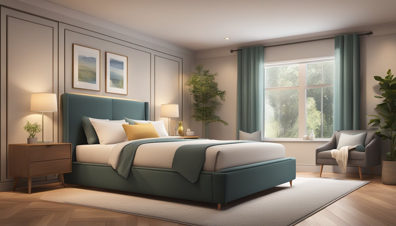 A serene bedroom with a luxurious super single mattress, adorned with plush pillows and soft, breathable linens, bathed in warm, ambient lighting