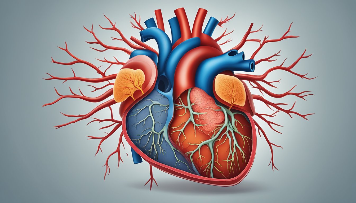 A healthy heart surrounded by clogged arteries, representing heart disease