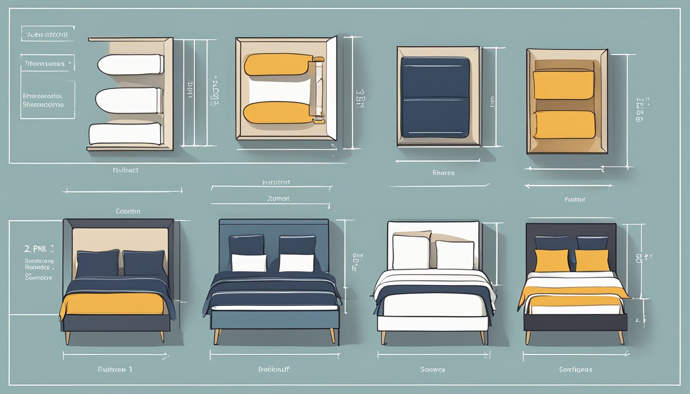 Various bed sizes arranged in a showroom with labels indicating dimensions