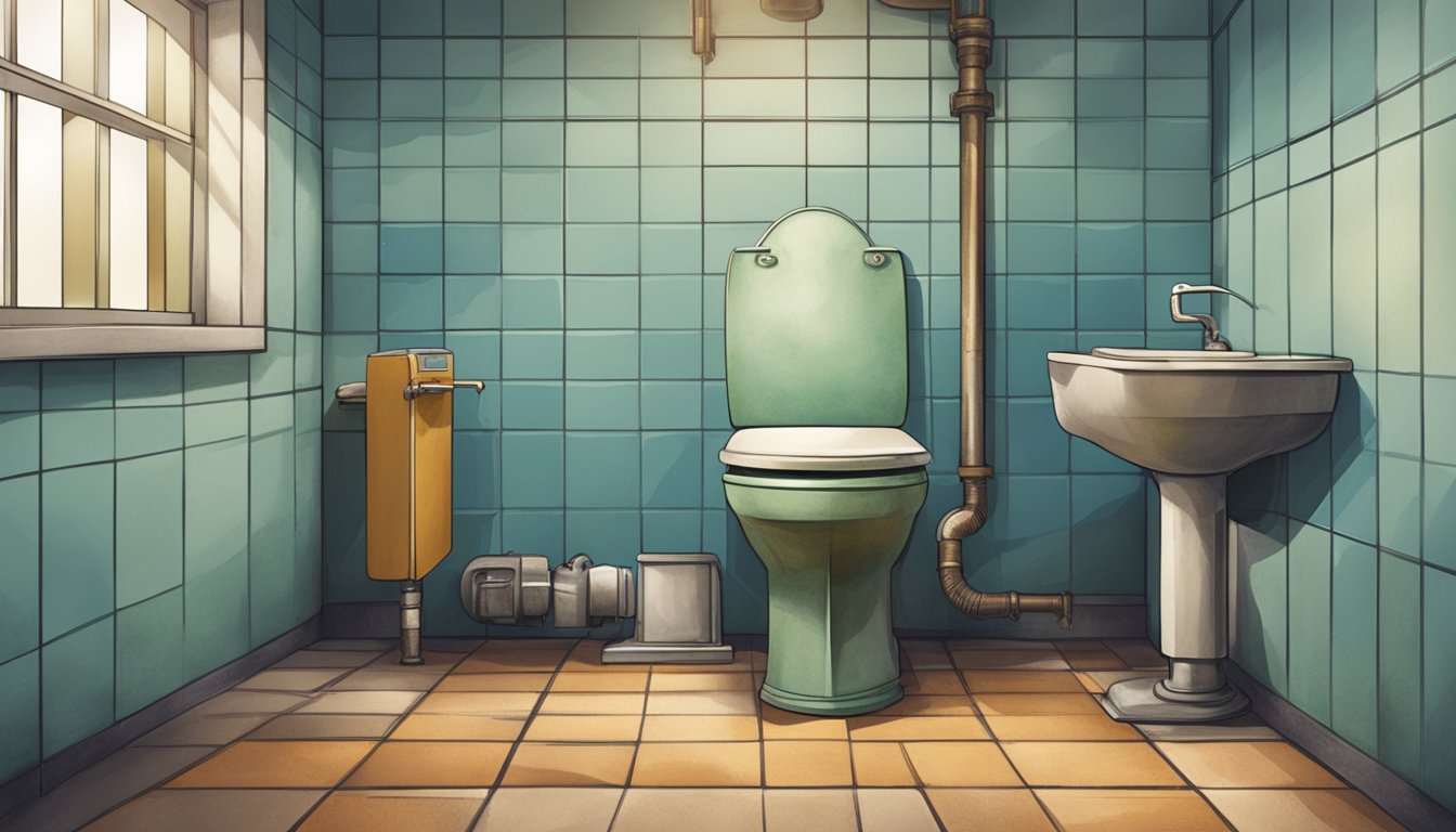An old HDB toilet with faded tiles, a squat toilet, and a rusted metal pipe