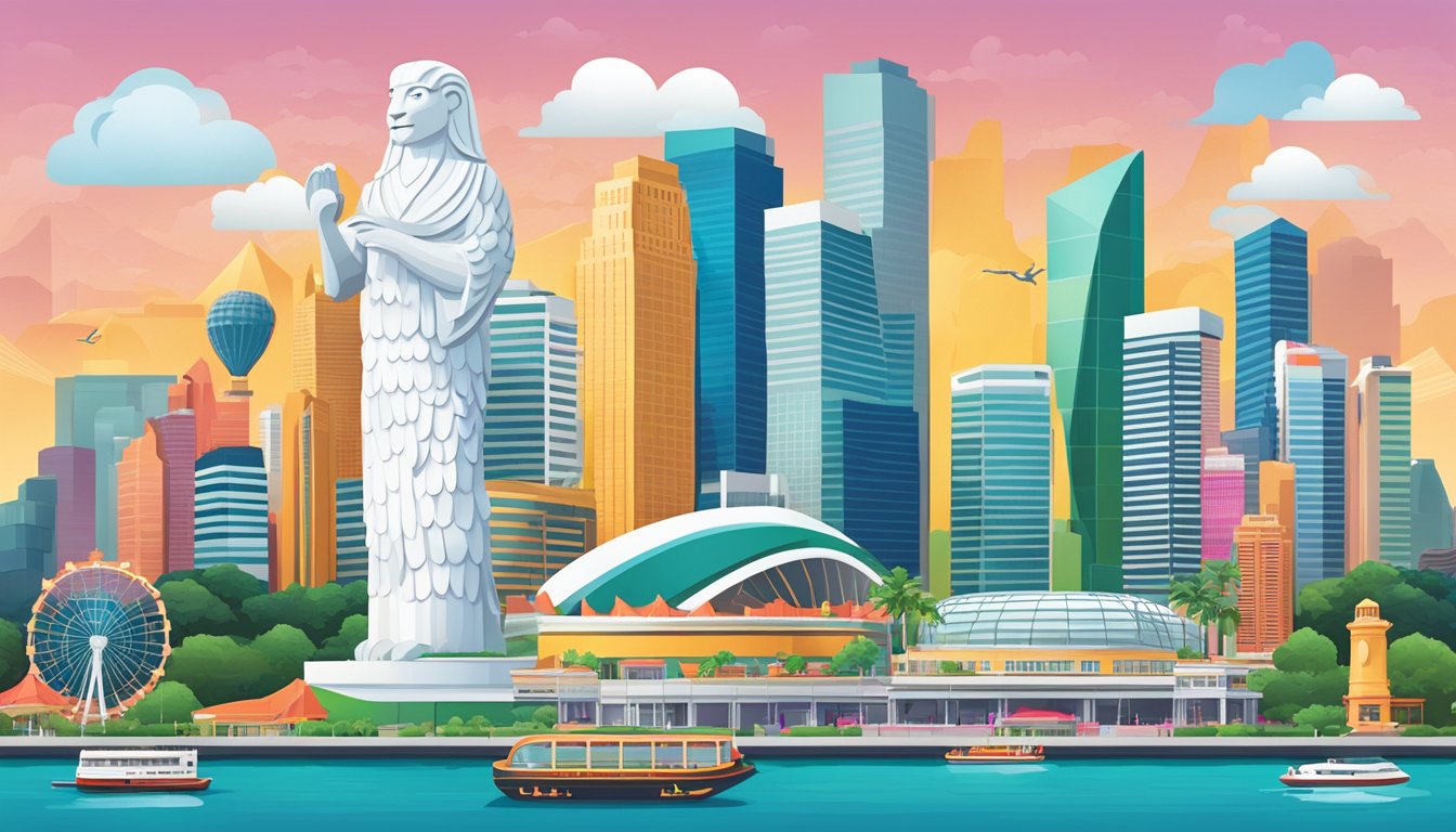 A vibrant Singapore skyline with iconic landmarks, paired with corporate gift items like Merlion figurines and custom-designed Singapore-themed products