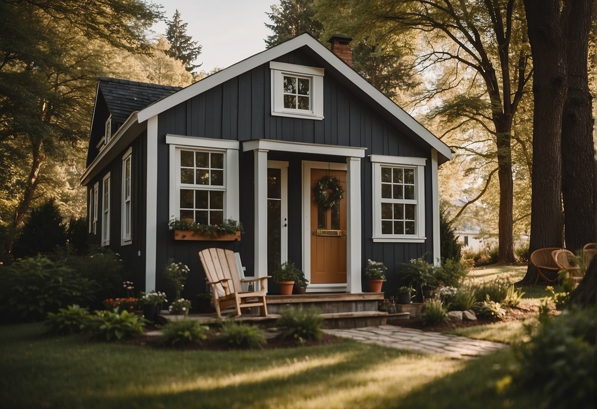 A tiny house sits on a grassy plot, surrounded by trees. A "For Sale" sign is visible, and the house is quaint and charming, with a small porch and a cozy interior