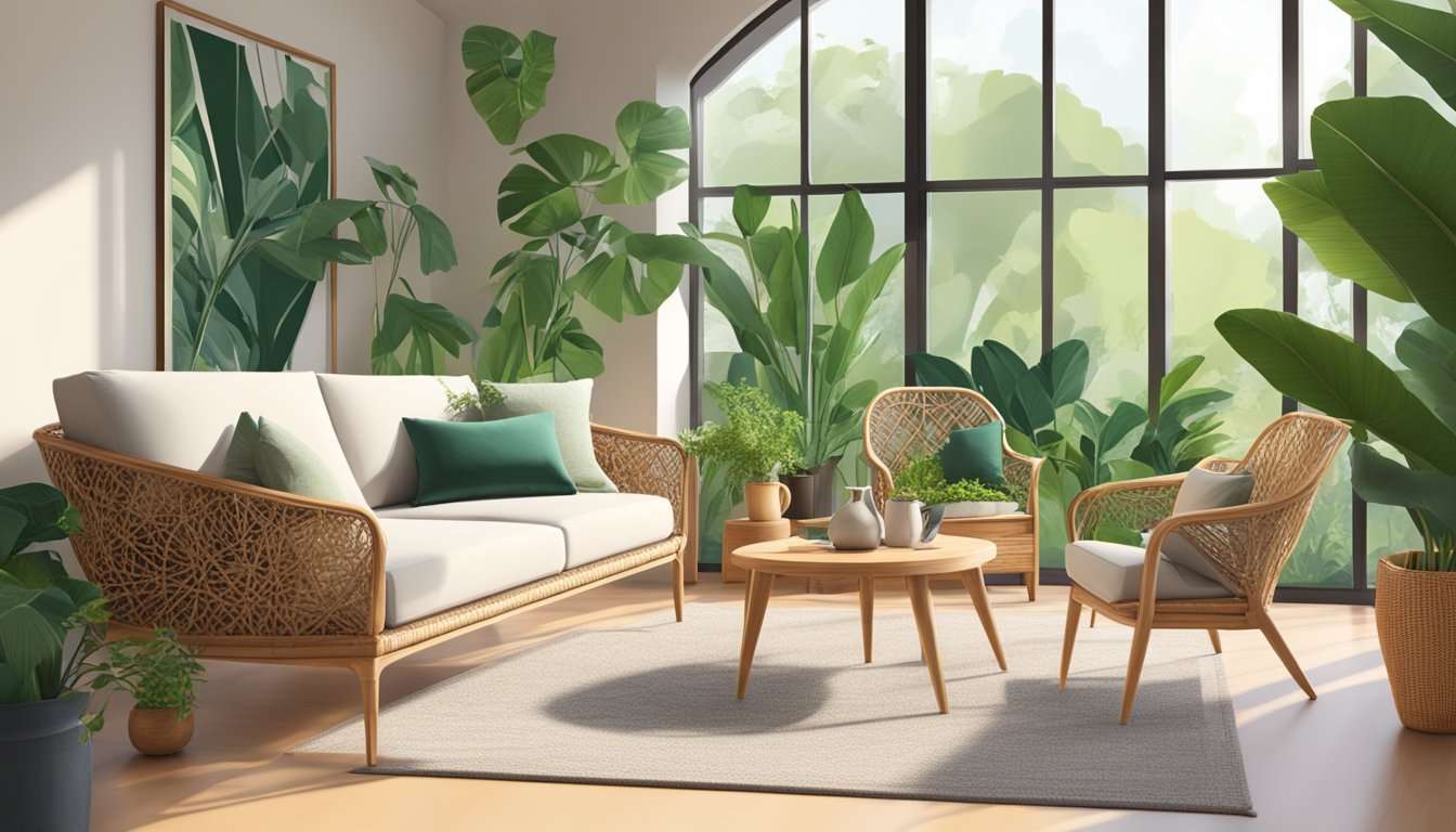 A cozy living room with a rattan chair as the focal point, surrounded by lush green plants and warm natural light