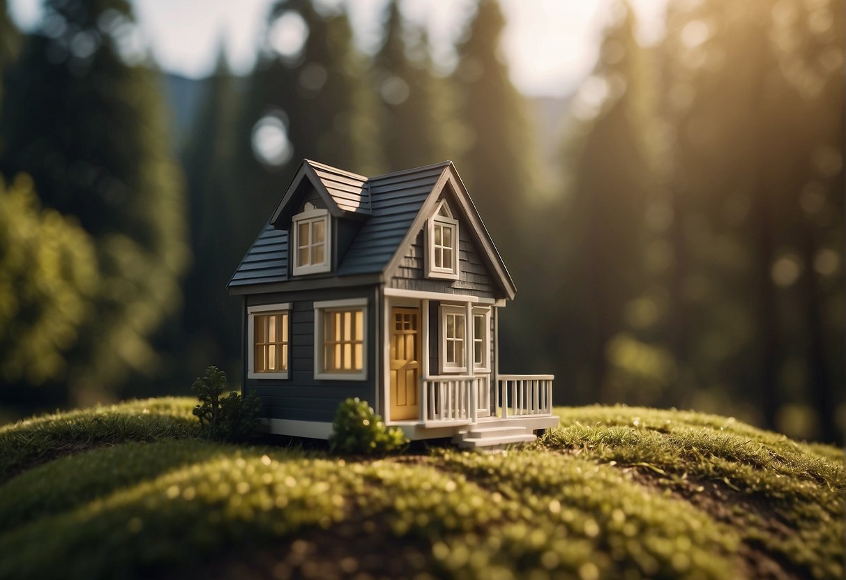 A tiny house sits on a grassy lot, surrounded by trees. A price tag hovers above, with dollar signs indicating the cost