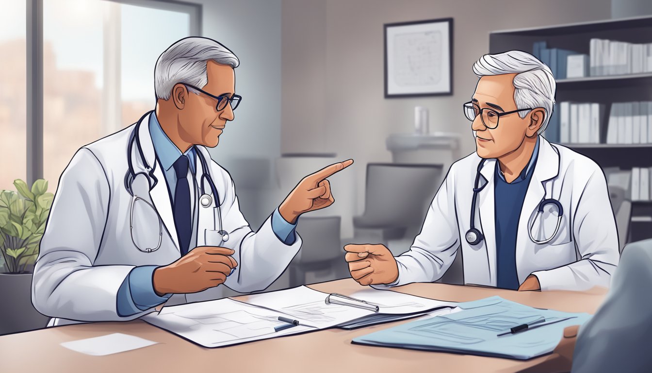 A doctor explaining heart disease to a patient, pointing to a diagram of the heart and discussing treatment options
