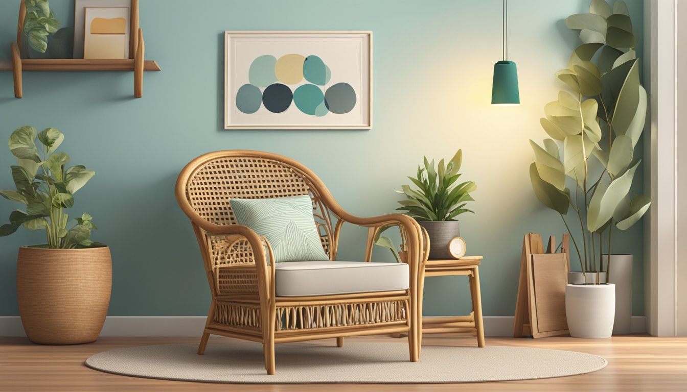 A rattan chair with a "Frequently Asked Questions" sign in a cozy corner of a room