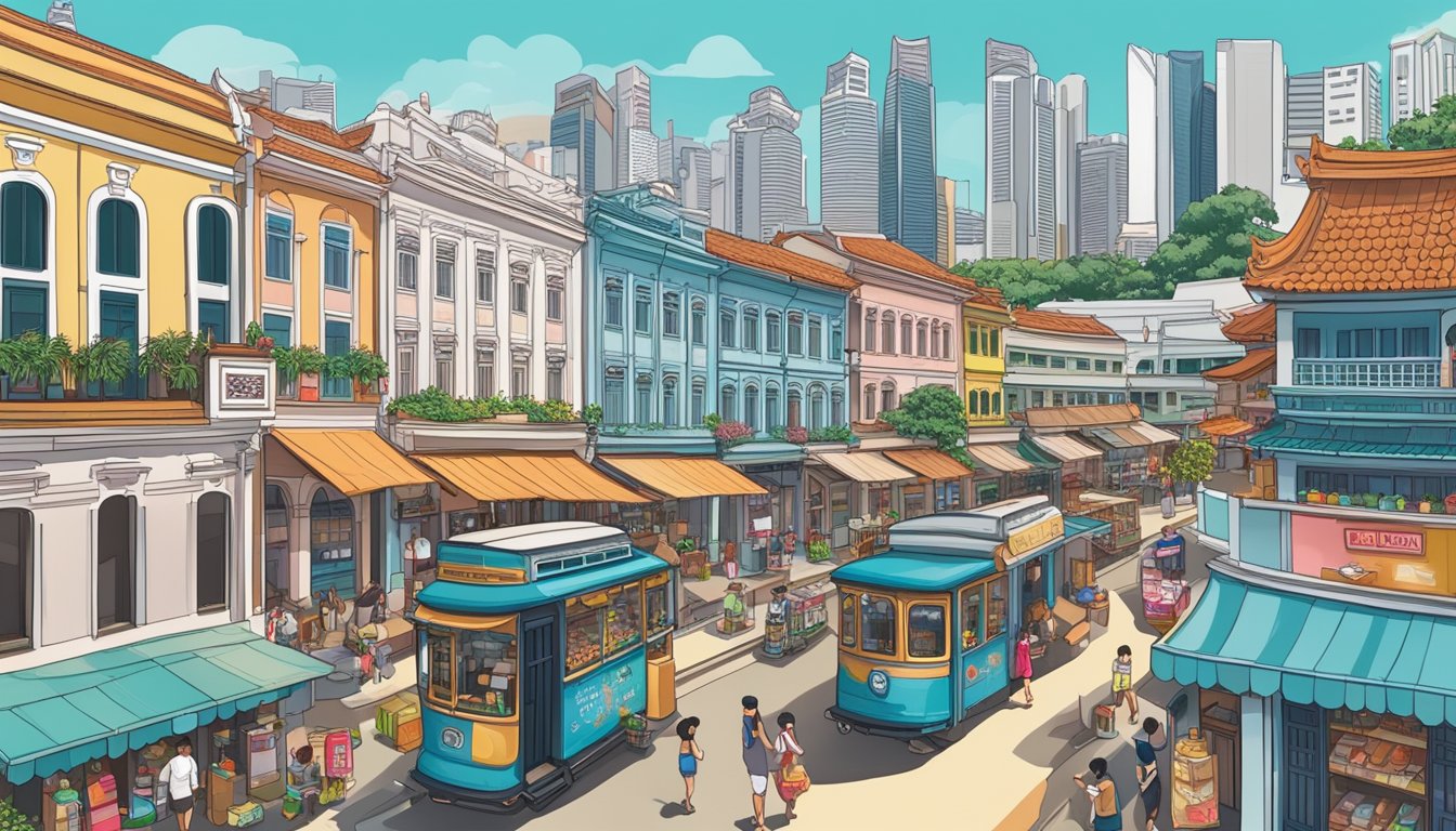 A bustling Singapore cityscape with iconic landmarks and traditional Peranakan shophouses, surrounded by corporate gift items like keychains and mugs