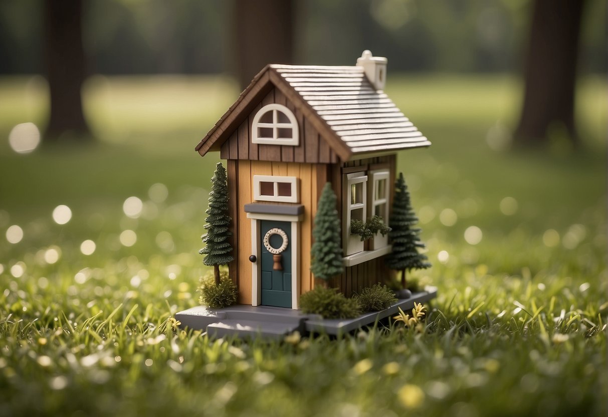 A tiny house sits on a grassy lot, surrounded by trees. A price tag hovers above, with dollar signs and question marks, representing the financial considerations of purchasing a tiny house