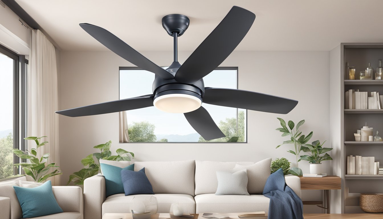 A bestar ceiling fan spins rapidly, casting a cool breeze in a modern, well-lit room