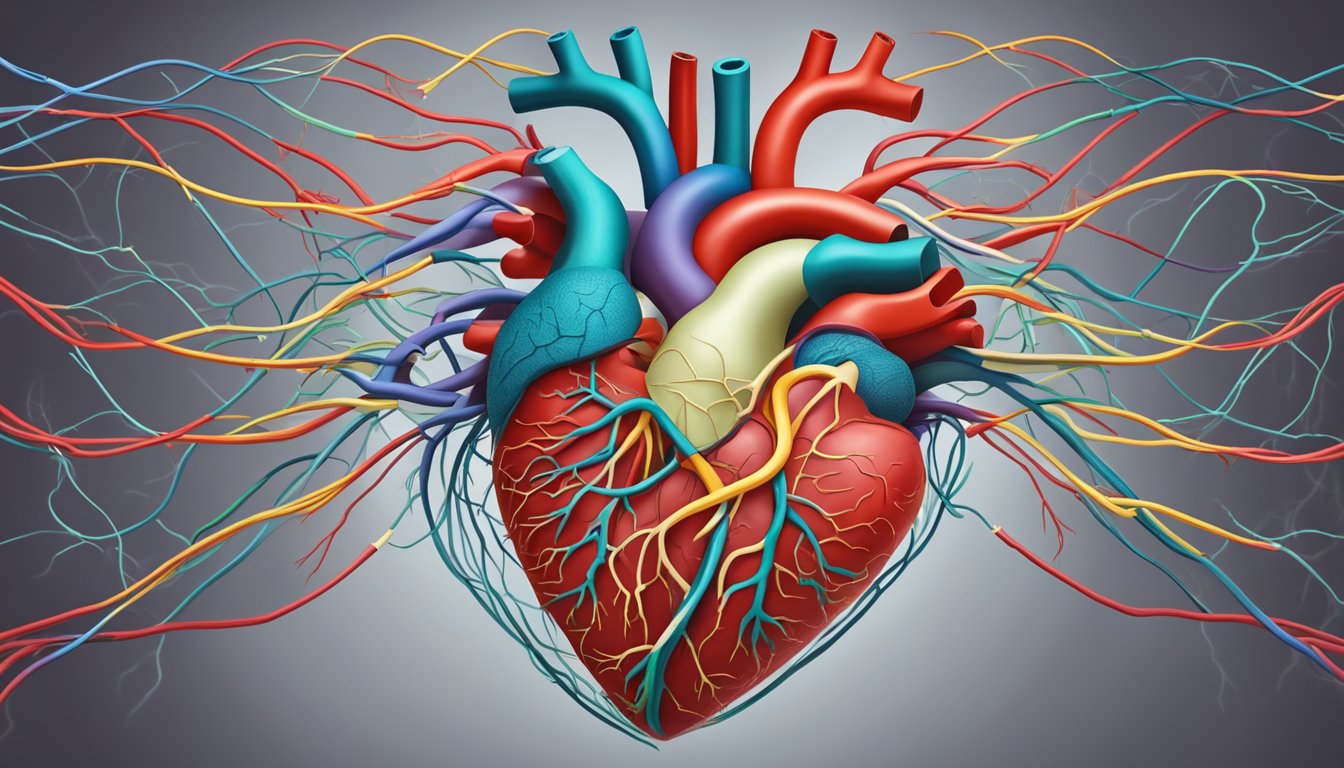 A heart-shaped organ surrounded by tangled arteries, symbolizing heart disease