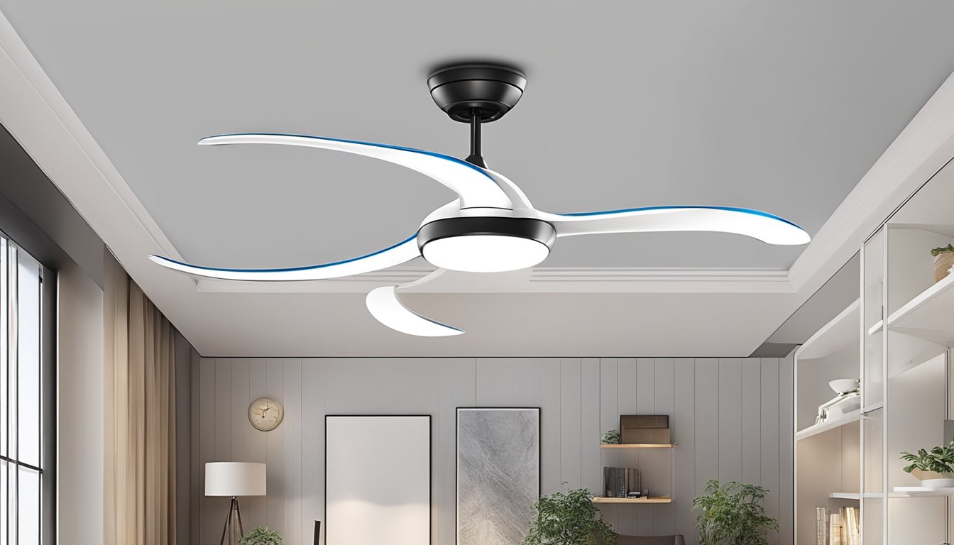 A modern ceiling fan with sleek design and energy-efficient motor. LED light kit and remote control for convenience. Ideal for any room