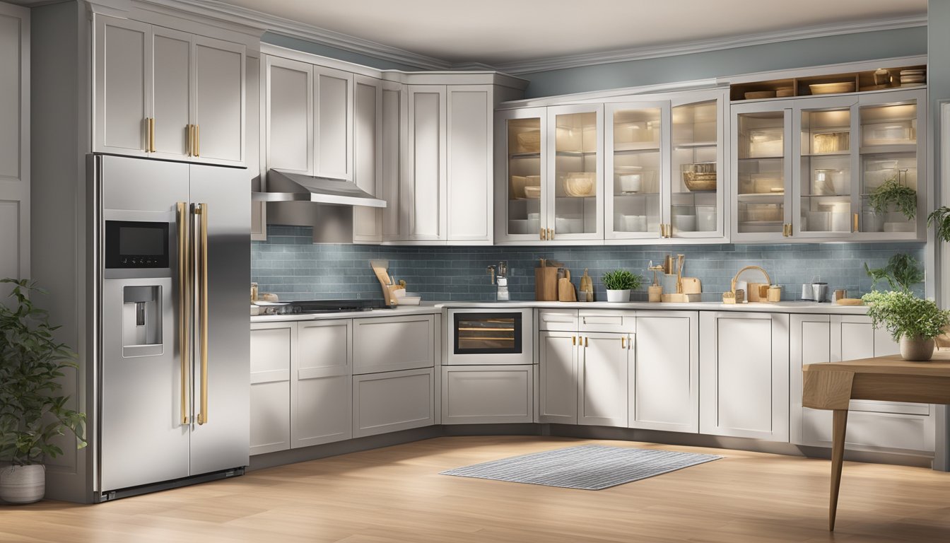 A sleek stainless steel built-in oven sits flush with the cabinetry, its digital display glowing with the temperature setting. A tray of golden brown cookies rests on the open door, steam rising from their surface