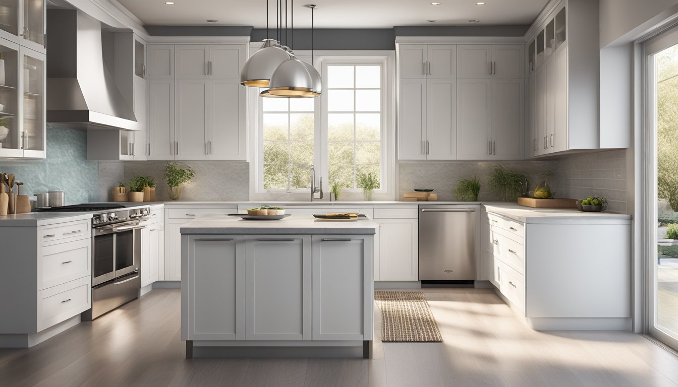 A sleek built-in oven sits in a modern kitchen, surrounded by stainless steel appliances and clean, white cabinetry. A soft glow emanates from the oven's digital display, inviting the viewer to imagine the delicious meals that could be created within