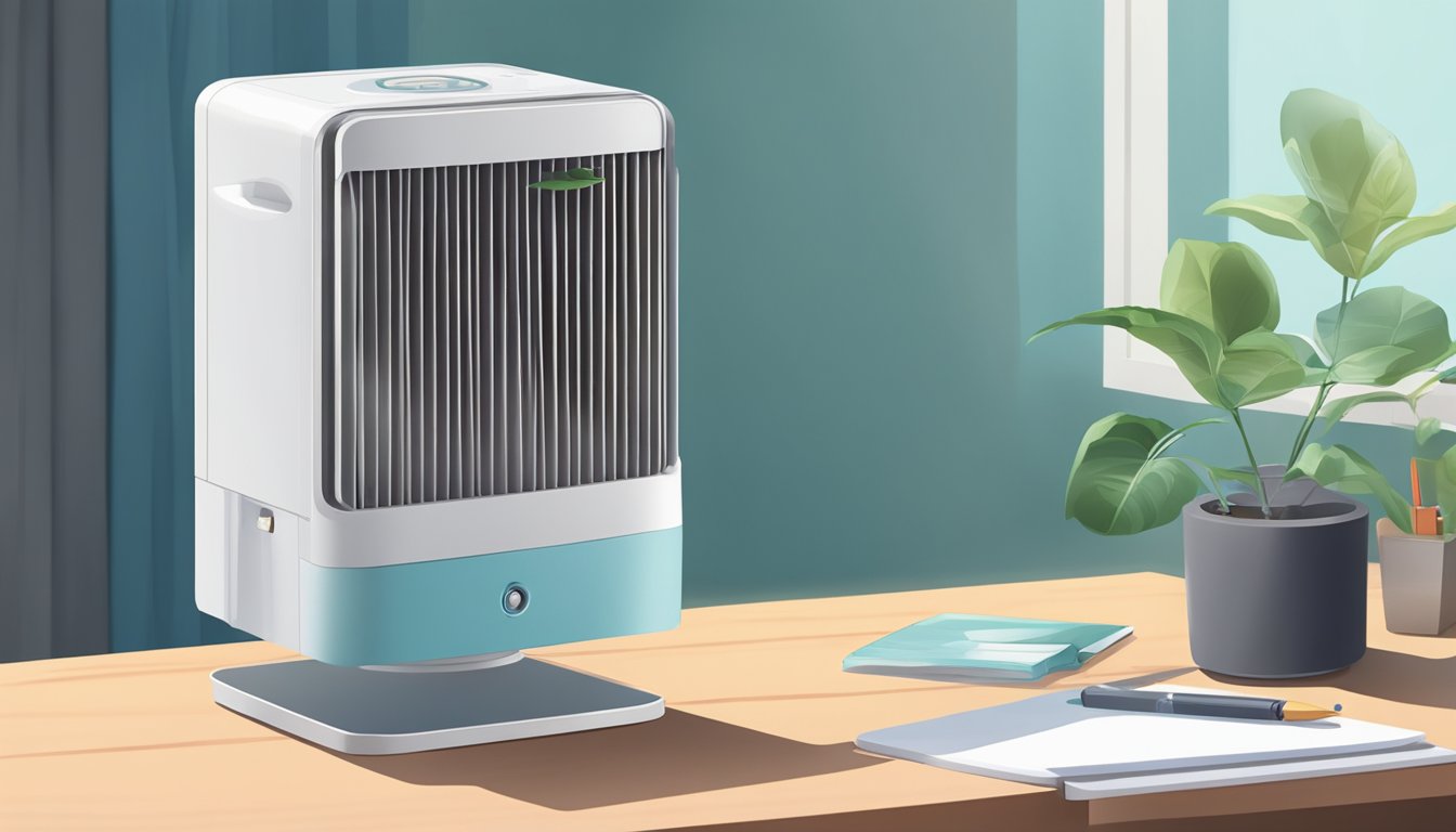 A mini air cooler sits on a desk, blowing cool air with its small fan and water tank, providing relief from the heat