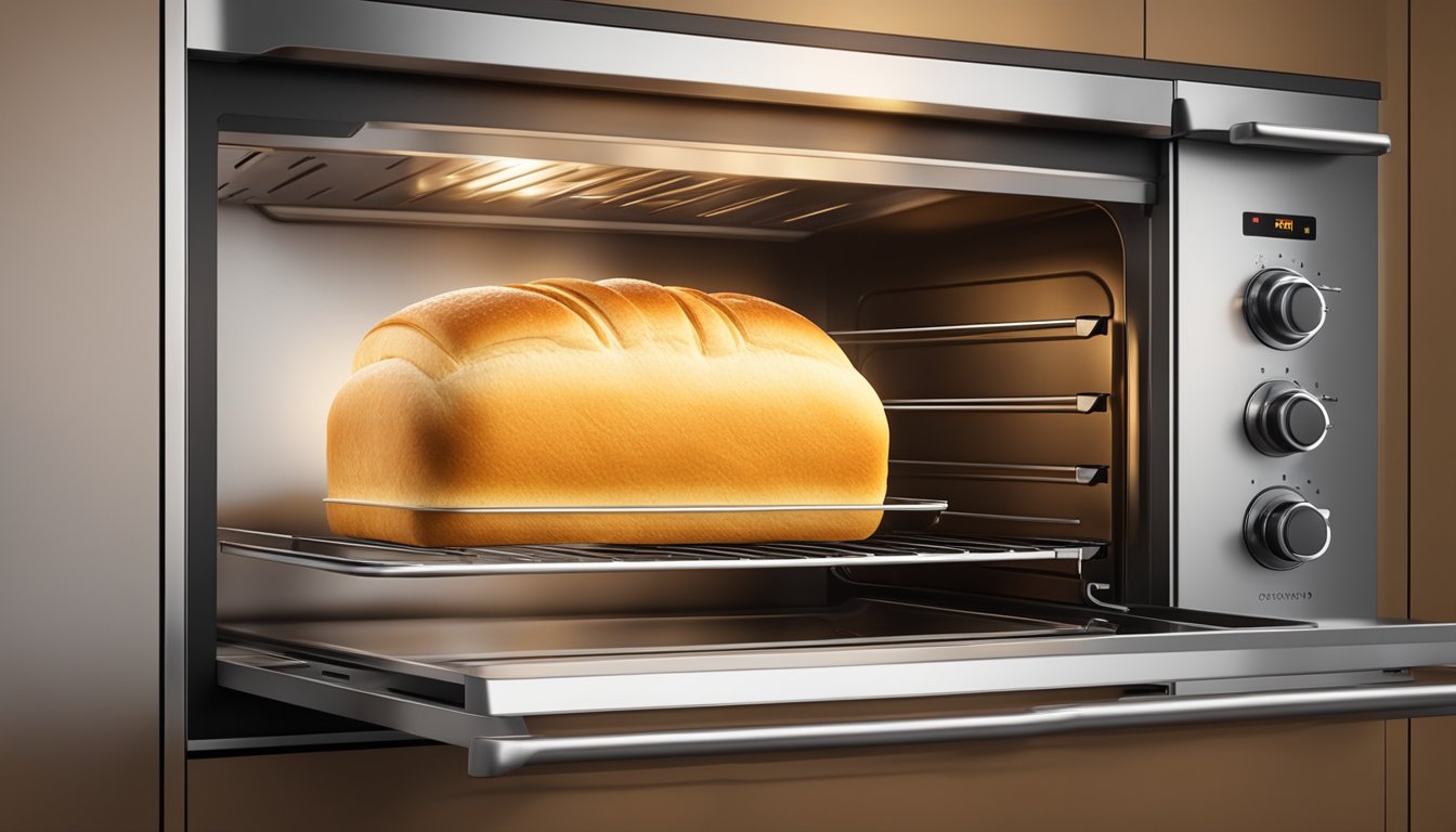 A golden-brown loaf of bread rises in a sleek, stainless steel built-in oven, emitting a warm, inviting aroma