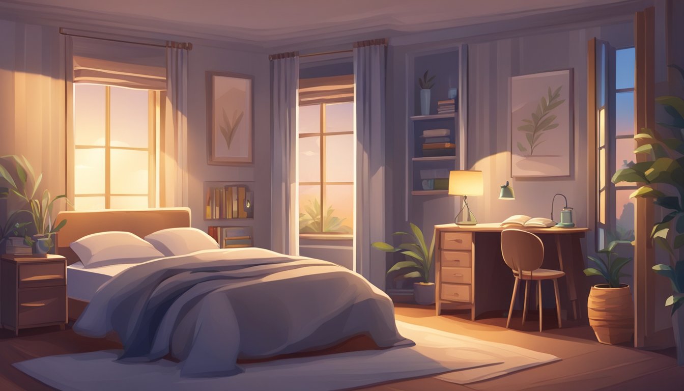 A cozy bedroom with a plush mattress, soft pillows, and a warm blanket. A nightstand with a lamp and a book. Moonlight streaming through the window