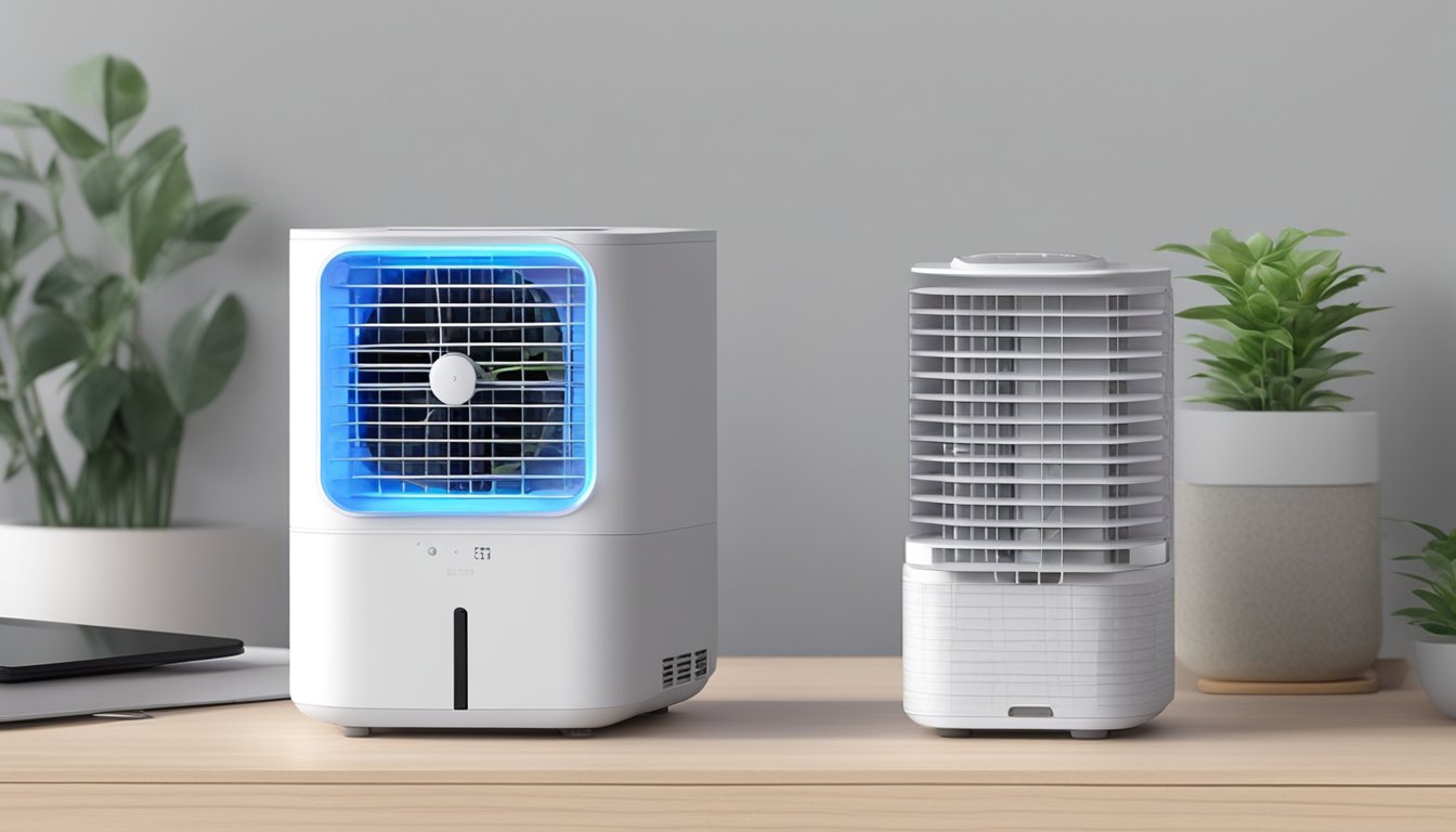 A mini air cooler sits on a desk, emitting a gentle breeze. Its compact size and modern design make it perfect for small spaces. The LED display shows the current temperature and fan speed, while the water tank provides continuous cooling