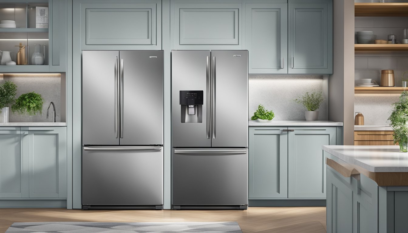 A 2-door fridge stands in a modern kitchen, stainless steel finish, with water and ice dispenser on the front