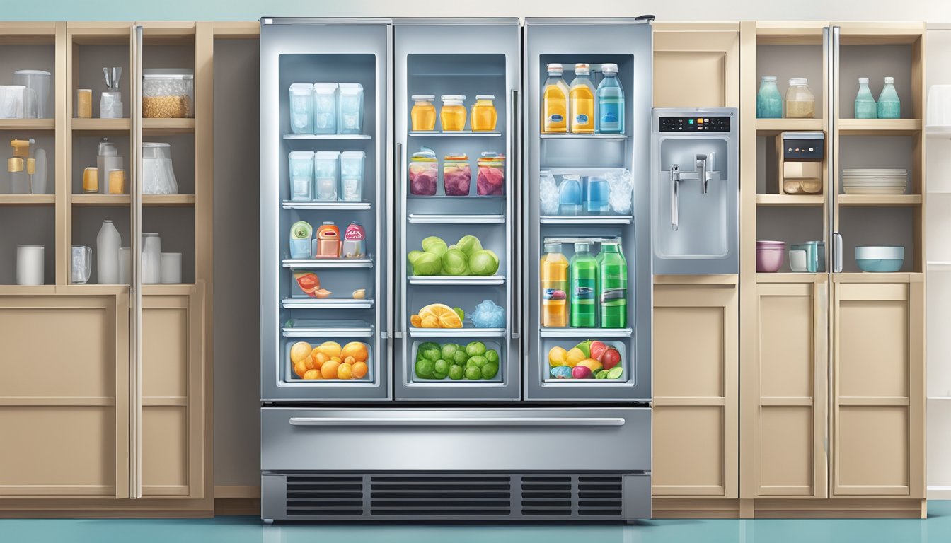 A 2 door fridge with a freezer on top, shelves inside, and a water and ice dispenser on the front