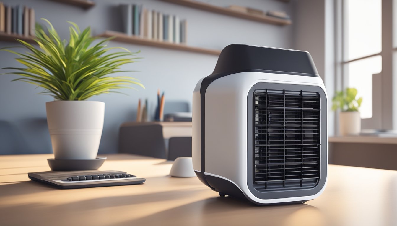 A mini air cooler sits on a desk in a bright, well-ventilated office space. It is positioned near a computer and a cup of cold beverage, providing a refreshing breeze for the user