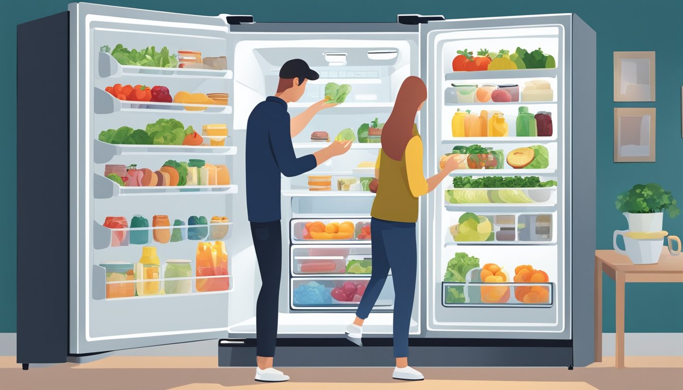 A person opens the sleek 2 door fridge, carefully examining the interior shelves and compartments. The fridge is filled with neatly organized food items, and the lighting inside highlights its modern design