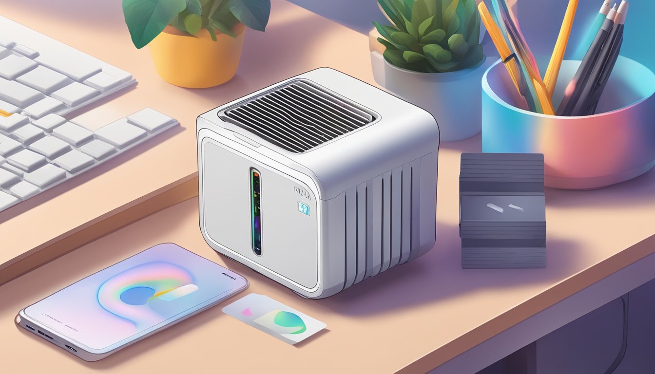 A mini air cooler sits on a desk with a USB cable plugged into it. It blows cool air with a soft hum, surrounded by a stack of FAQ cards