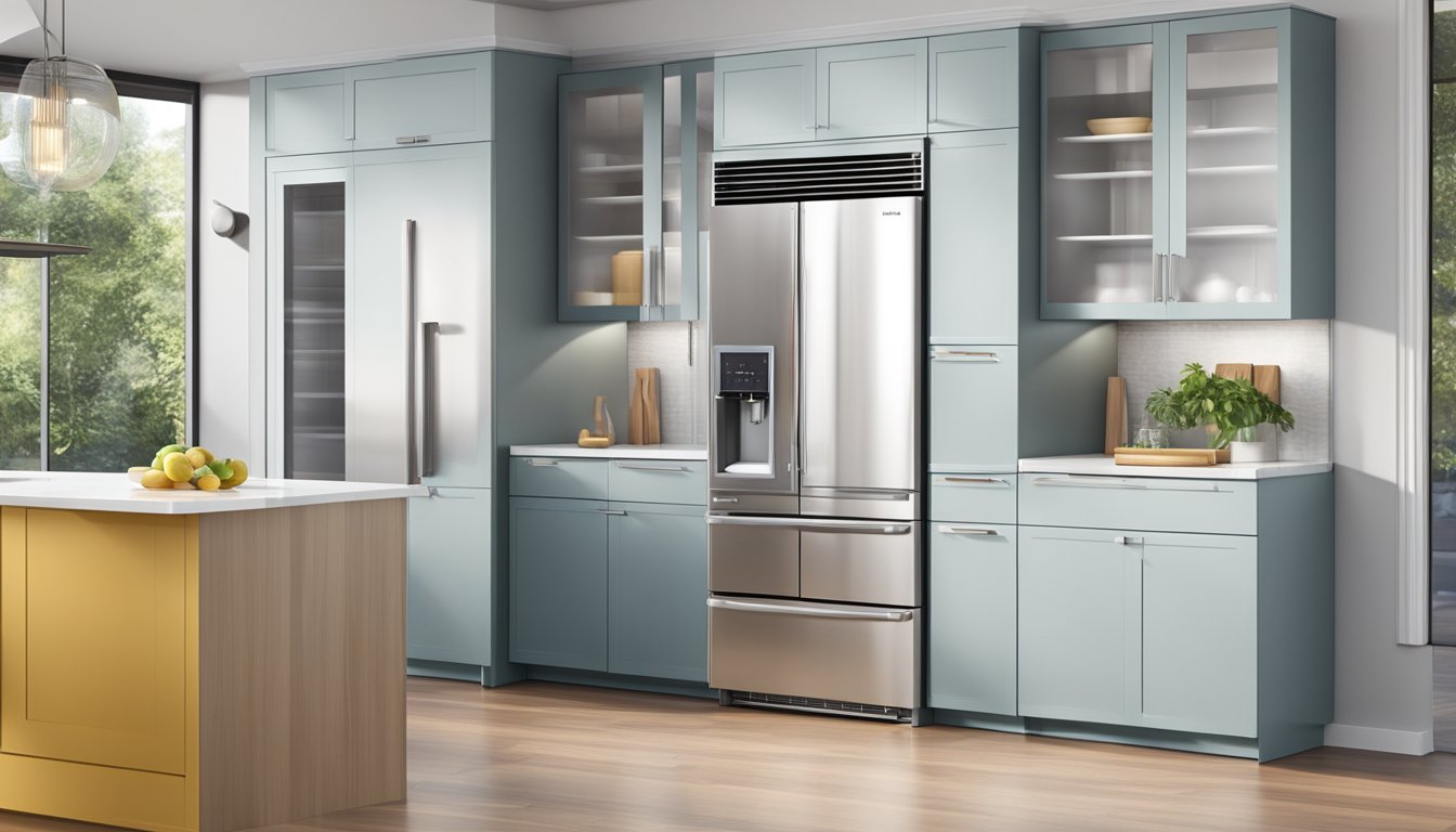 A sleek, modern 2-door fridge stands in a bright, spacious kitchen. The doors are closed, but the interior shelves are visible through the clear glass